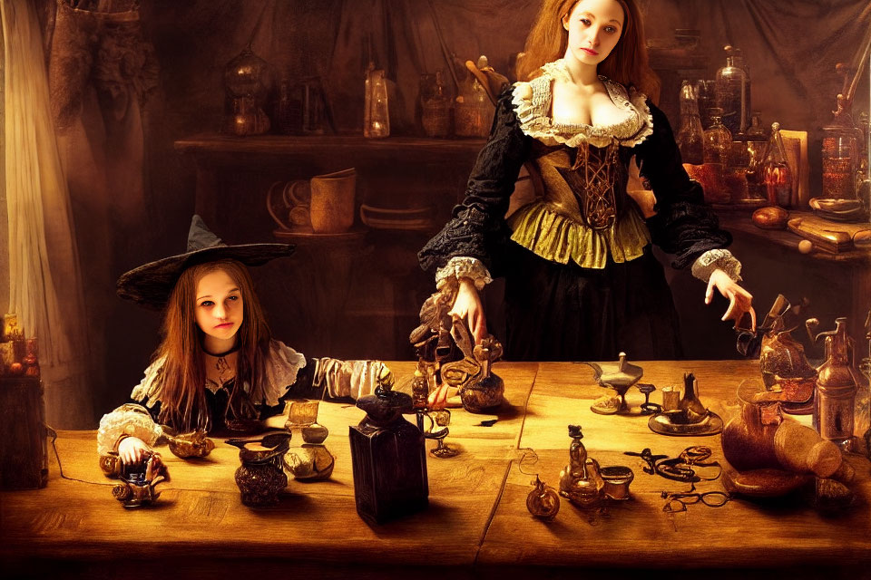 Period costume individuals with antique potion-making items in dimly-lit room