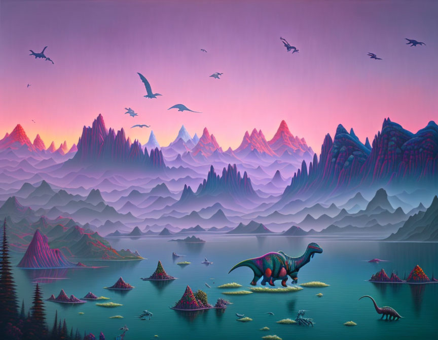 Colorful prehistoric landscape with dinosaurs, mountains, lake, and birds at dawn or dusk