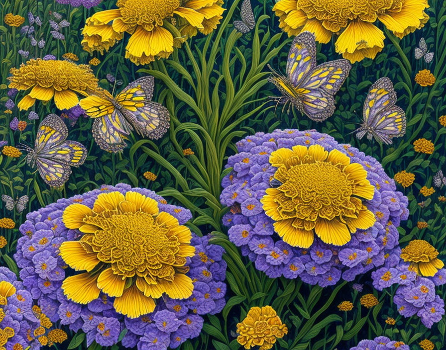 Detailed Floral Painting with Yellow and Purple Flowers and Butterflies