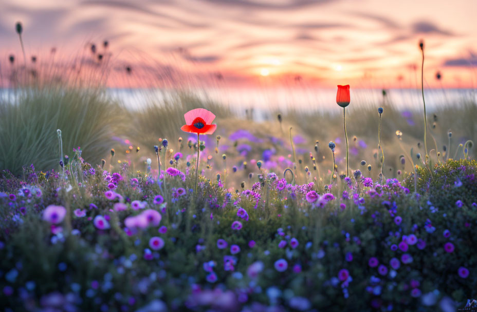 Tranquil field with purple wildflowers and red poppy under pastel sunset.