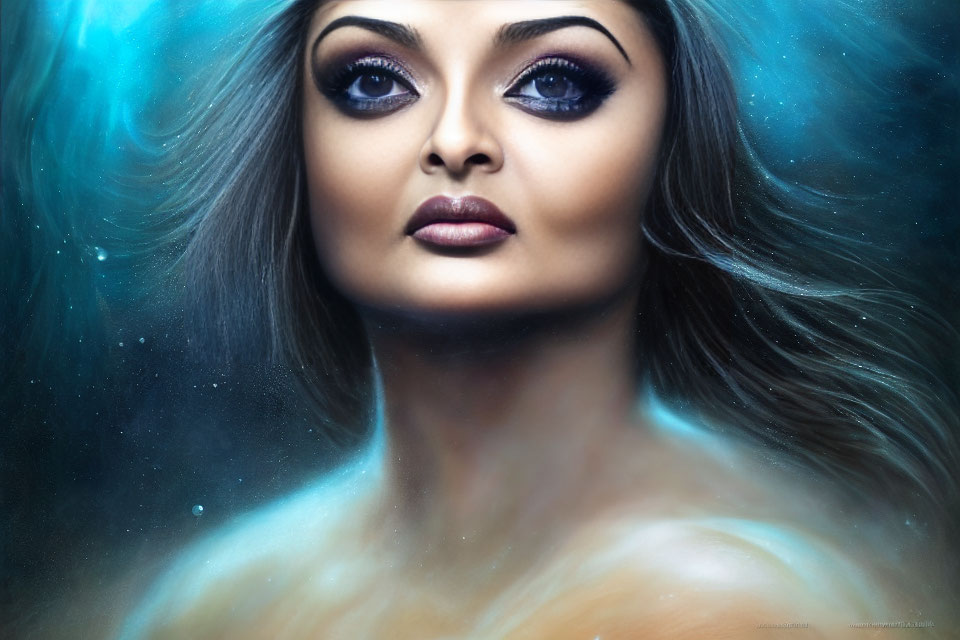 Intense-eyed woman portrait in cosmic setting