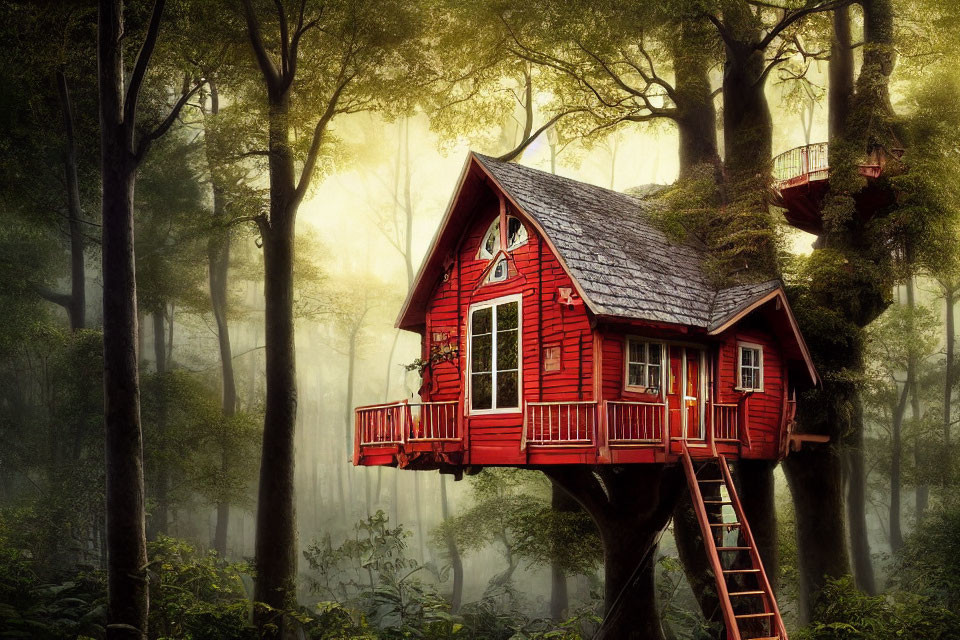 Red shingled treehouse in foggy forest with stairway and bridge