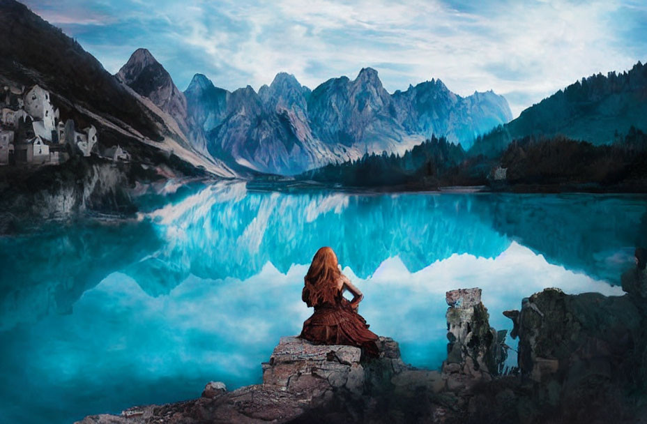 Red-haired woman sitting by mountain lake at dusk