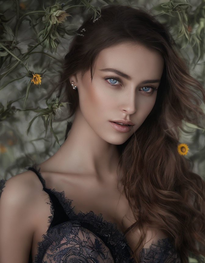 Woman with Blue Eyes and Brown Hair in Black Lace Garment Surrounded by Greenery and Yellow Flowers