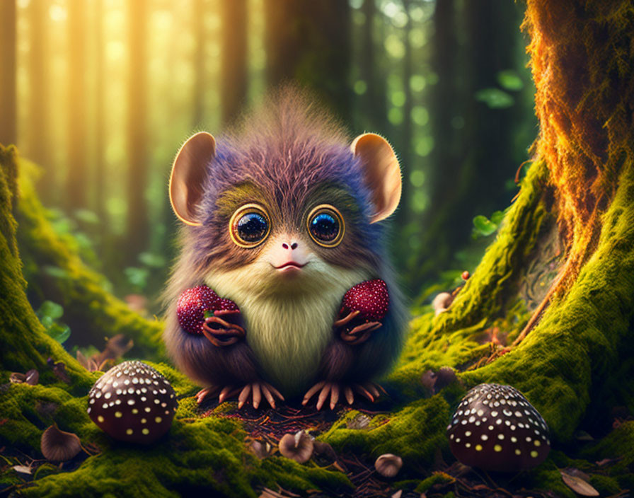 Fluffy wide-eyed creature with red berries in enchanted forest