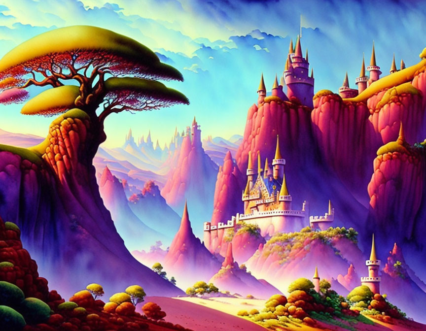 Fantasy landscape with towering castles on mushroom rock formations