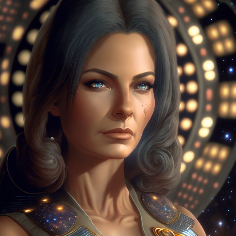 Digital portrait of woman with gray hair and celestial armor against glowing backdrop.