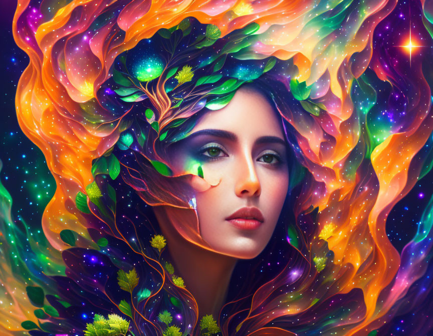 Vibrant cosmic digital art portrait of a woman with flowing hair and mystical elements