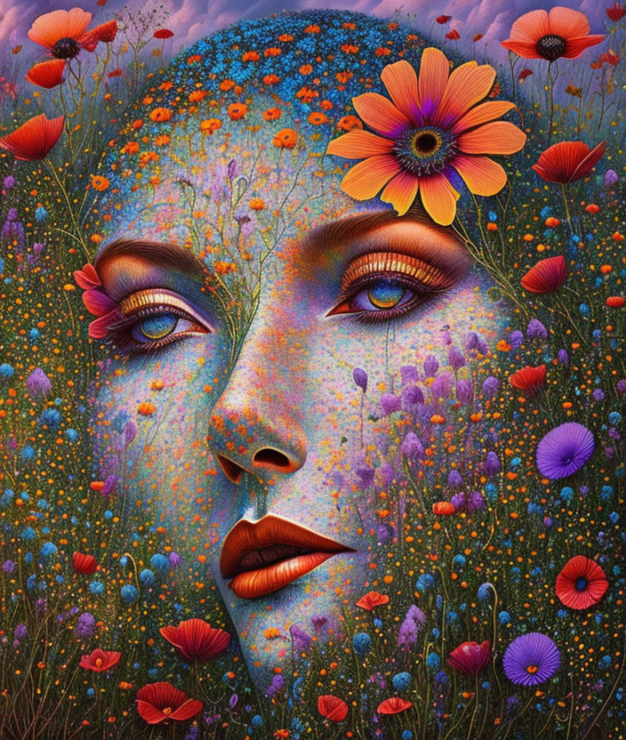 Colorful Floral Tapestry Blending with Woman's Face