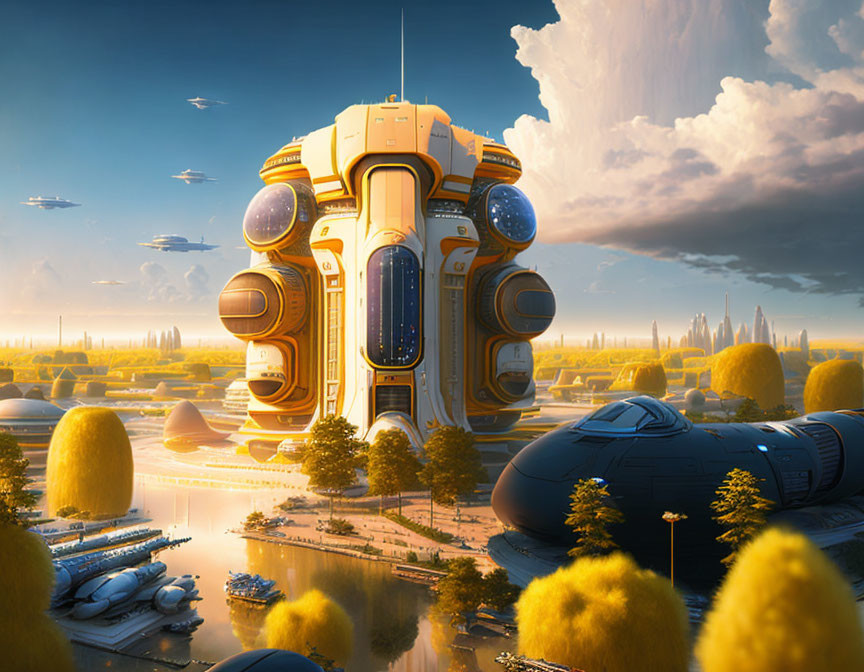 Futuristic cityscape with central tower, greenery, waterways, and spacecraft