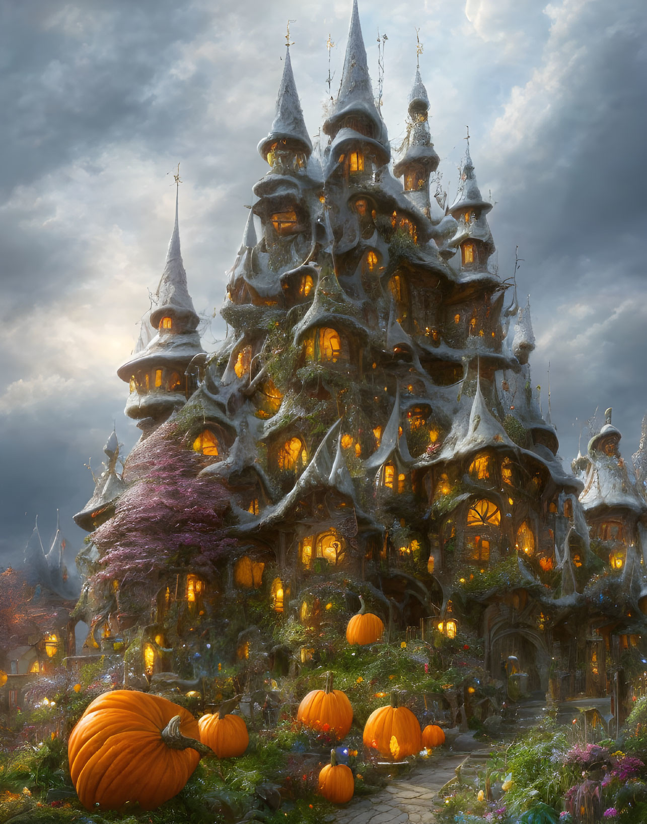 Fantasy castle with spires, glowing windows, pumpkins, and lush flora