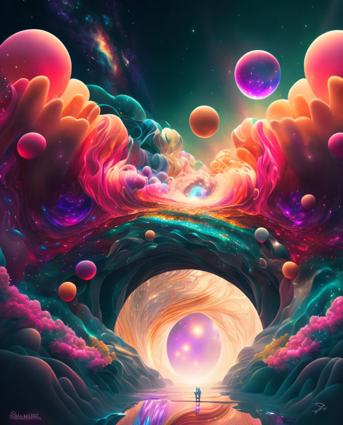 Colorful digital artwork: Person in tunnel surrounded by cosmic clouds and orbs