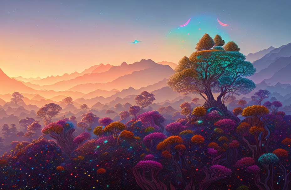 Colorful Fantasy Landscape with Layered Mountains and Mystical Tree