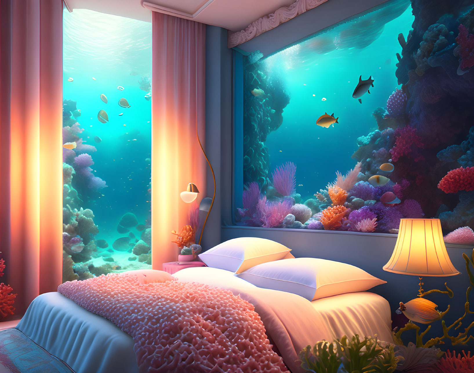 Underwater-themed bedroom with vibrant coral reefs and fish viewing.