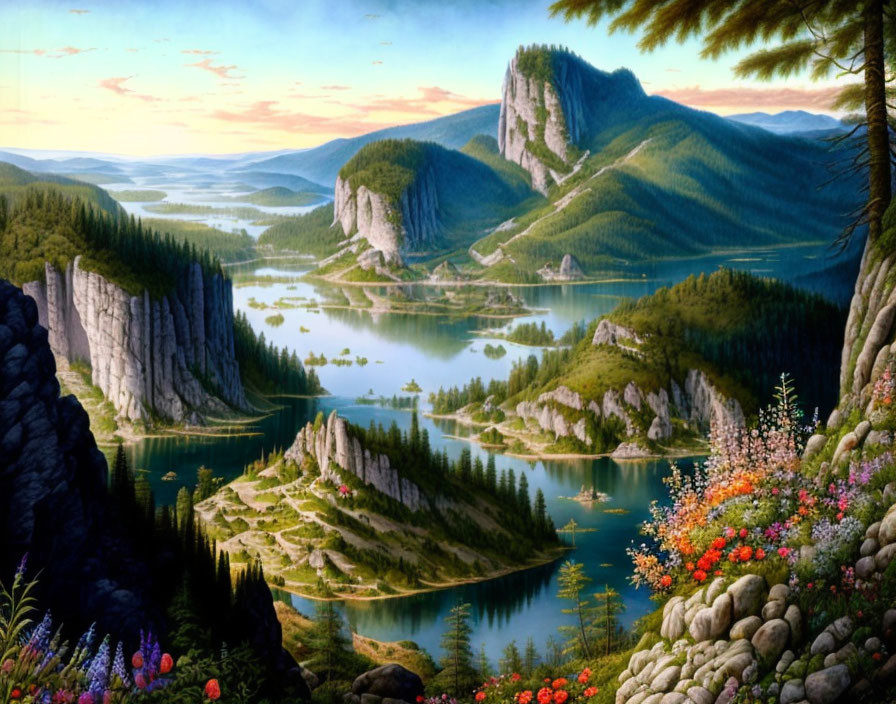 Tranquil landscape of lush valley, river, cliffs, greenery, and flowers