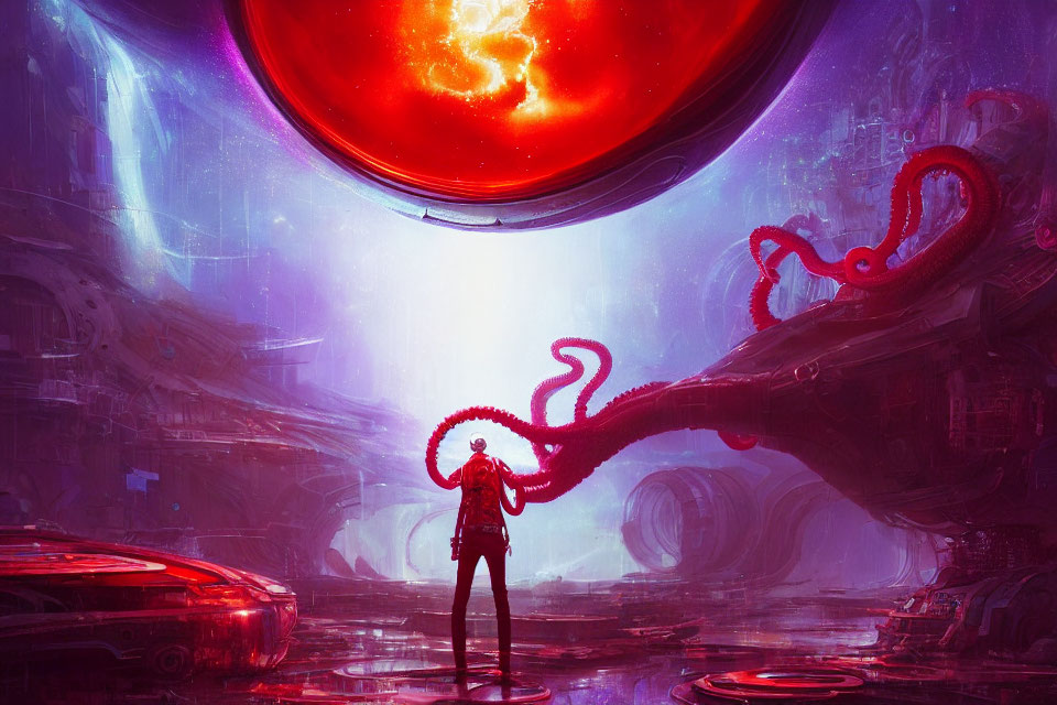 Alien landscape with figure and tentacles under giant red celestial body