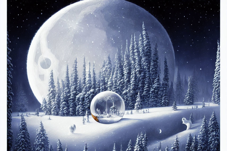 Snowy Night Landscape with Transparent Bubble, Moon, Trees, and Animals