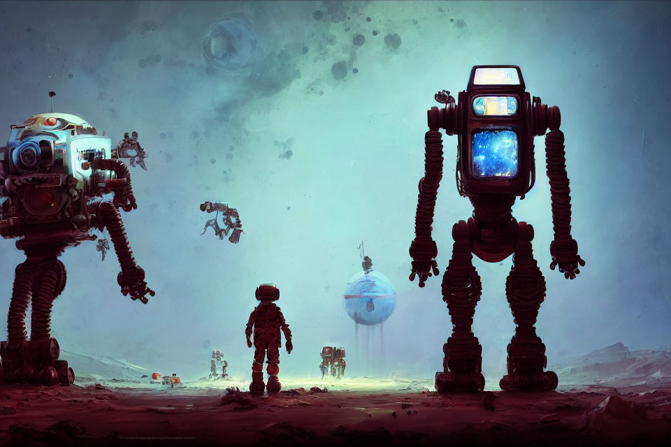 Futuristic robots and astronauts in misty alien landscape