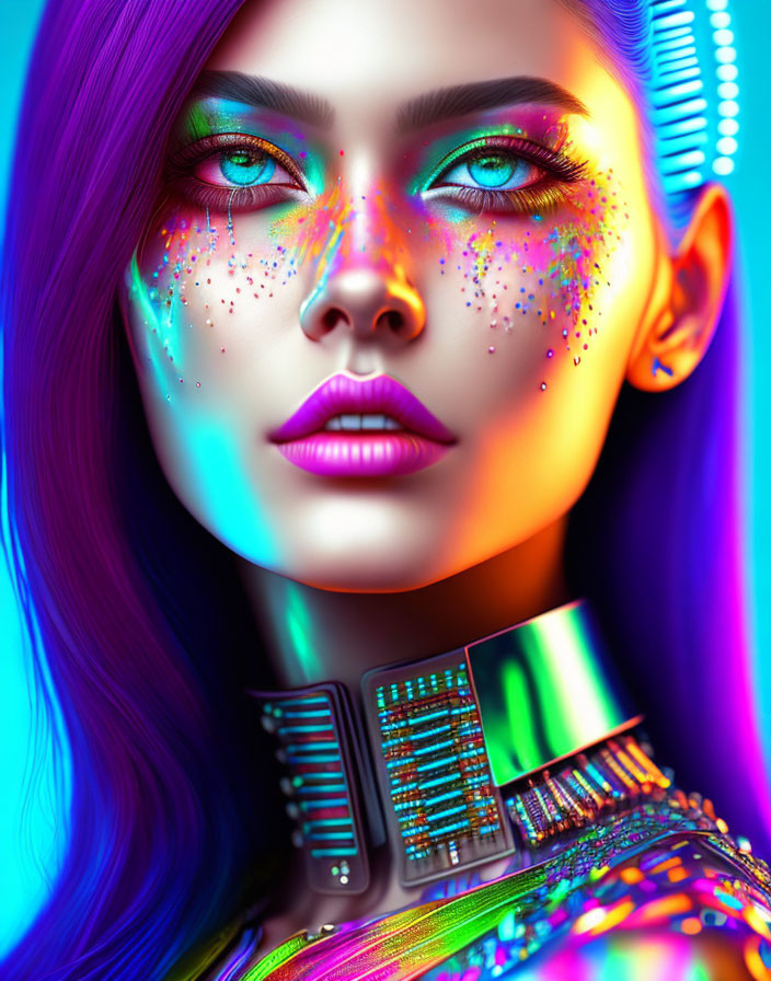 Colorful portrait of a woman with purple hair and blue eyes in futuristic attire and neon lighting