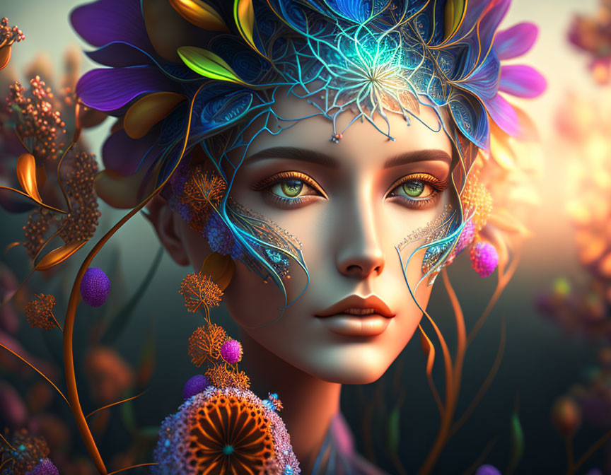 Vibrant floral digital art portrait of a woman with intricate blue patterns