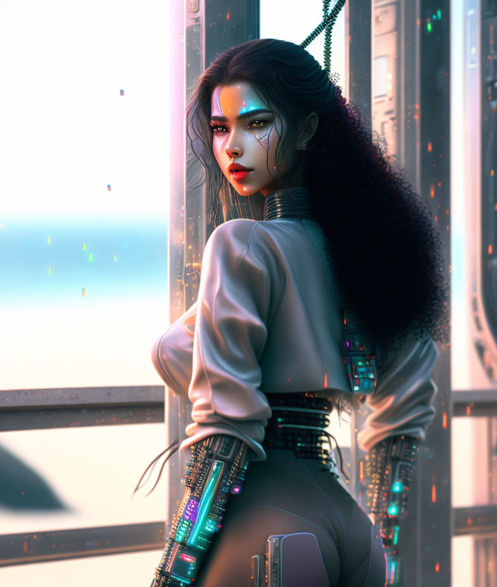 Futuristic woman with cybernetic enhancements and illuminated makeup in high-tech outfit by cityscape window