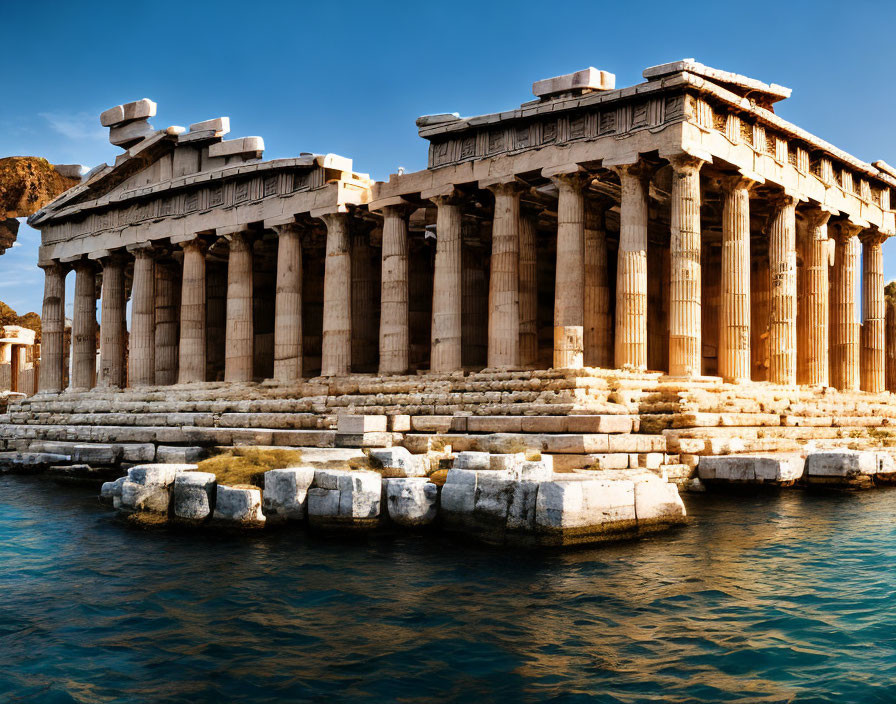 Ancient Greek temple ruins with Doric columns near water.