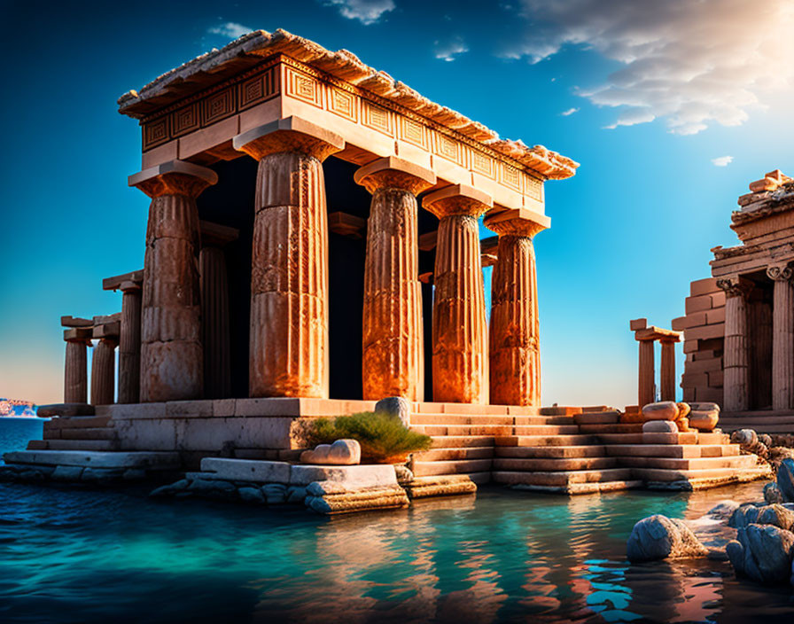 Ancient Greek Temple Ruins with Doric Columns by Coastal Platform