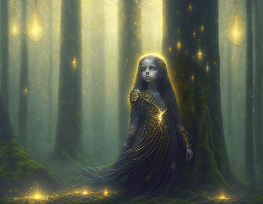 Enchanted forest with woman in ornate gown and glowing lights