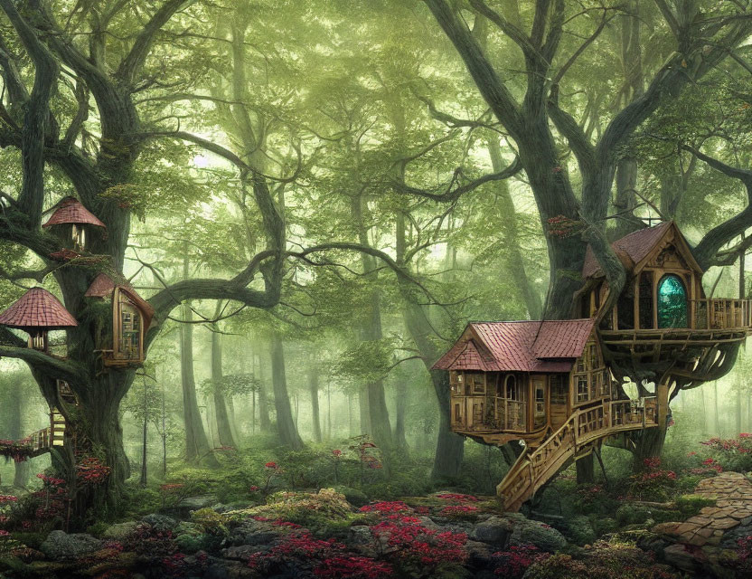 Misty forest with vibrant flora and whimsical treehouses