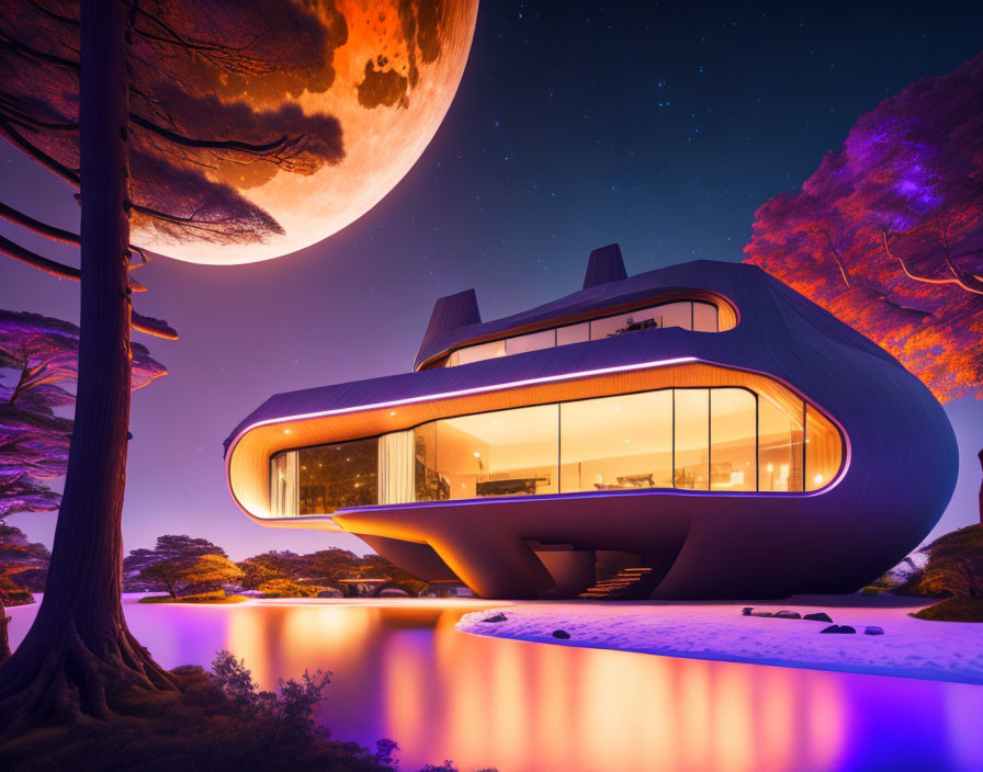 Futuristic house by lake with large windows under twilight sky