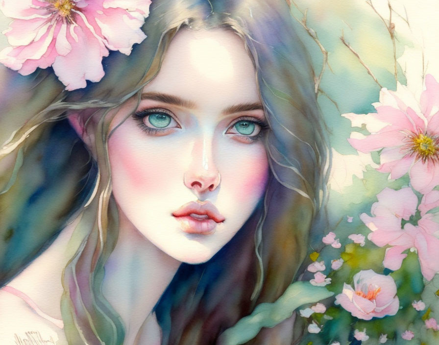 Watercolor portrait of woman with green eyes and pink flowers in dreamy setting