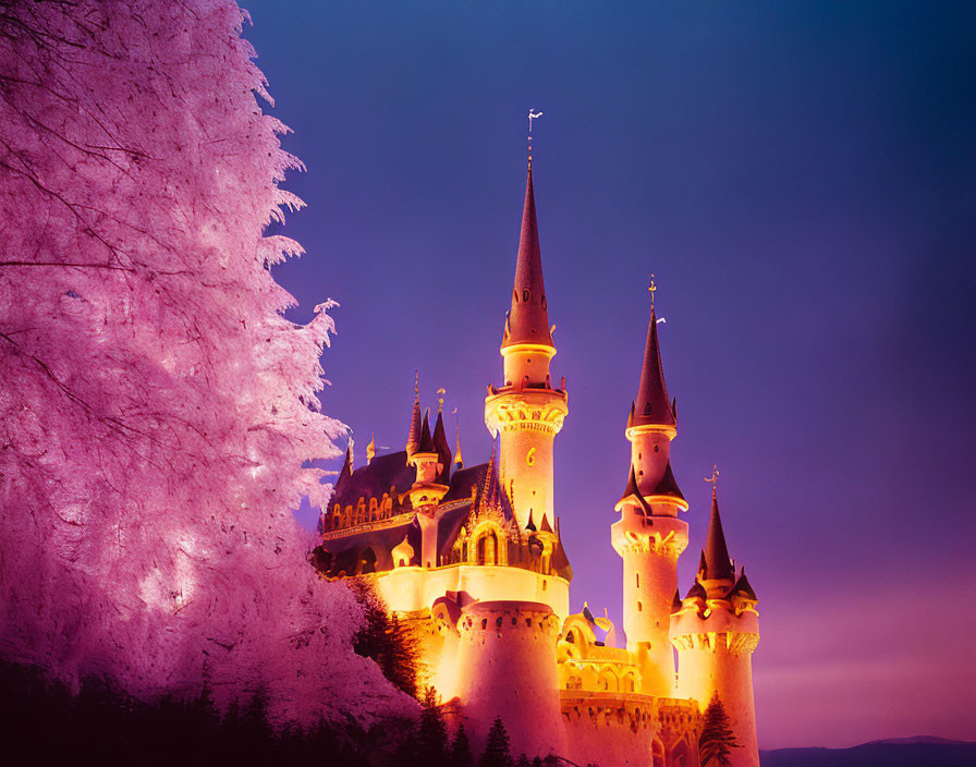 Majestic castle with spires under twilight sky