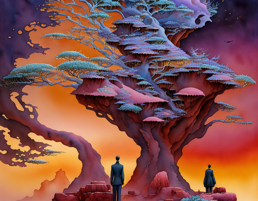 Surreal artwork: Massive tree, vivid sky, silhouetted figures