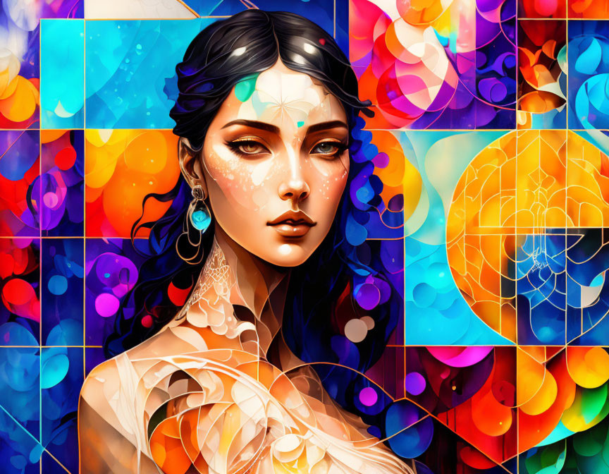 Dark-haired woman with intricate face markings in vibrant mosaic backdrop.