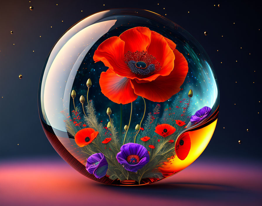 Digital Art: Glass sphere with red and purple poppies on moody background