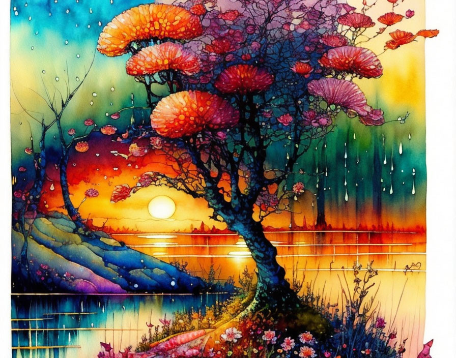 Colorful artwork: Whimsical tree by tranquil water at sunset