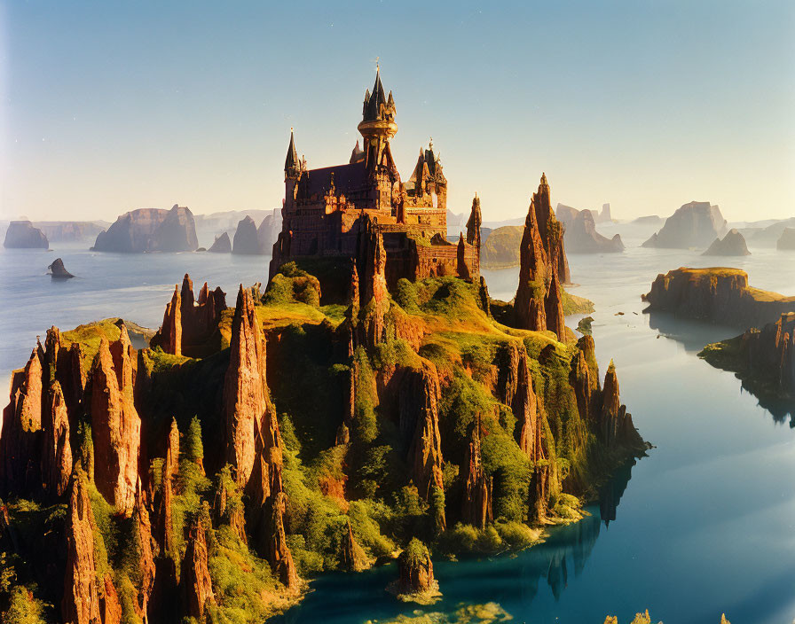 Majestic castle on verdant cliff with rock formations and calm blue waters at sunset