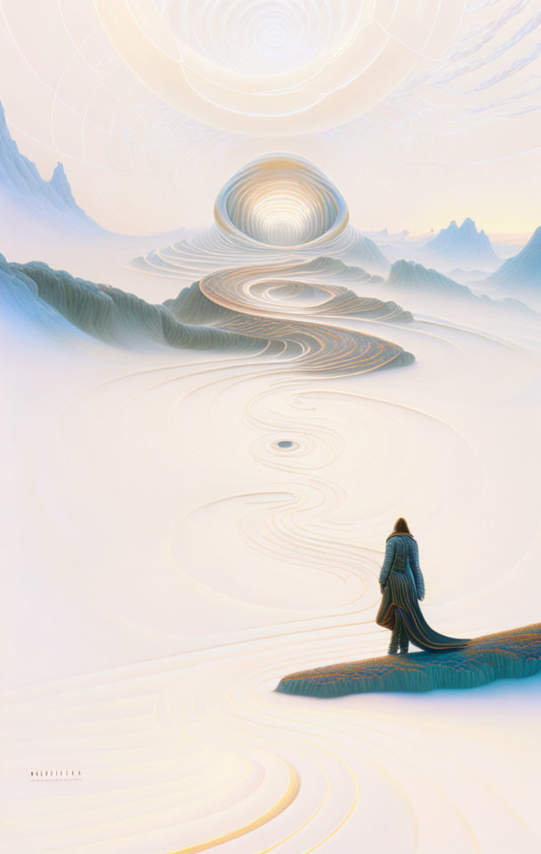 Surreal landscape with swirling sky patterns and lone figure overlooking valley