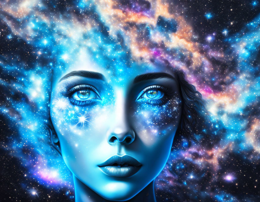 Digital art portrait blending woman's face with vibrant cosmic background