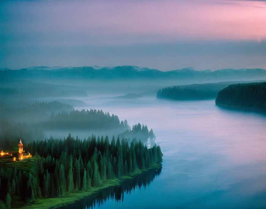 Misty river winding through dense forest with lit church at twilight