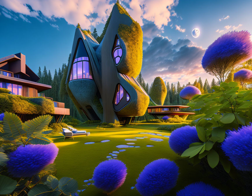 Organic-shaped futuristic houses with green roofs in vibrant garden setting