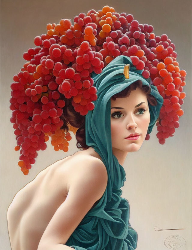 Whimsical woman in grape hat and flowing green scarf exudes elegance and fantasy