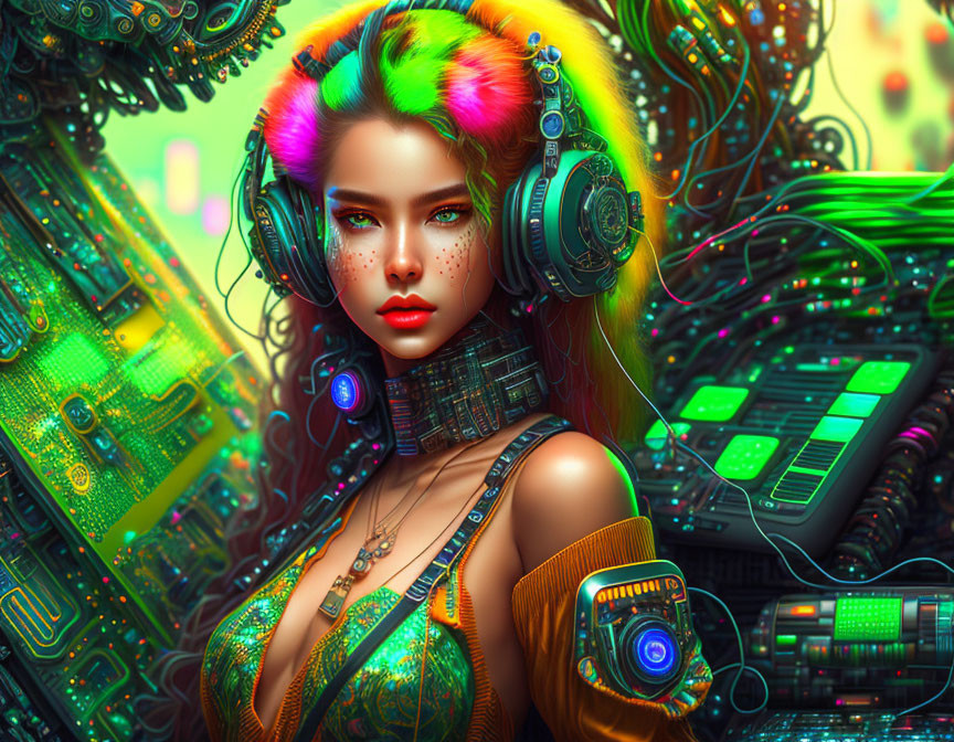 Colorful cyberpunk portrait of woman with rainbow hair and futuristic headphones in neon-lit tech setting