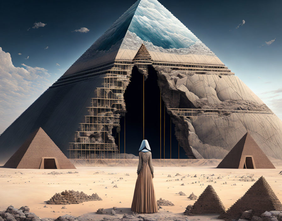 Surreal desert landscape with colossal pyramid and snowy peak