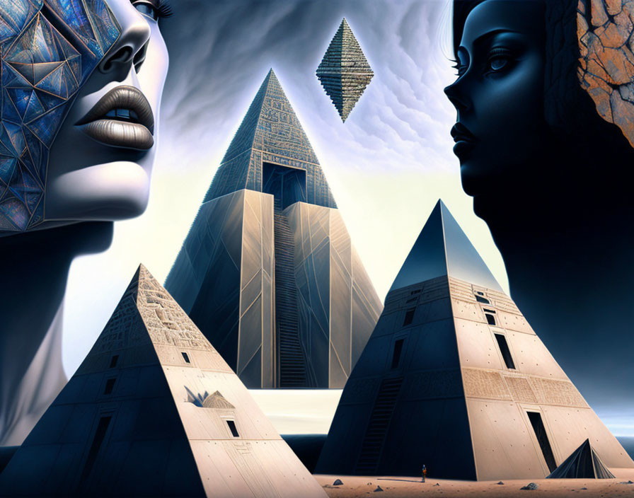 Surreal artwork: Futuristic-Egyptian fusion with colossal female faces, pyramids, and