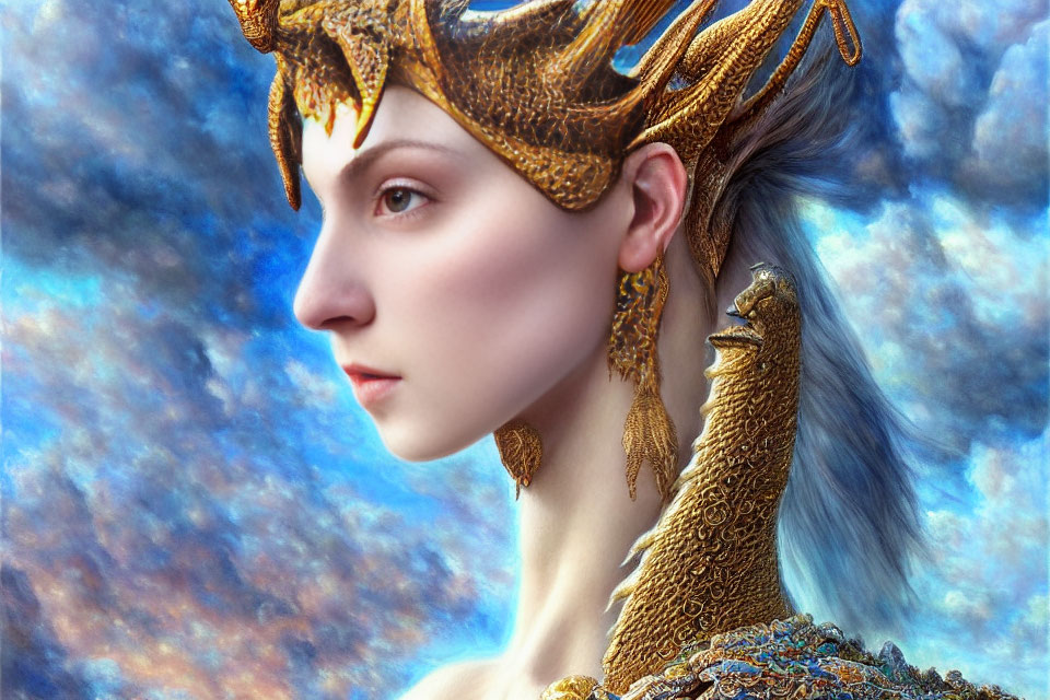 Portrait of woman with golden crown and jewelry on vibrant blue cloudy background