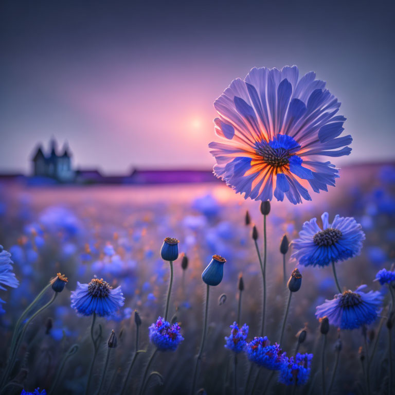 Vibrant blue flower close-up at sunset with blurred purple flowers and building silhouette