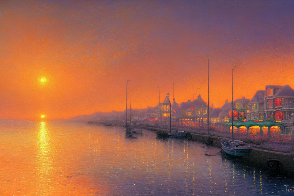 Tranquil Coastal Town Sunset with Silhouetted Boats