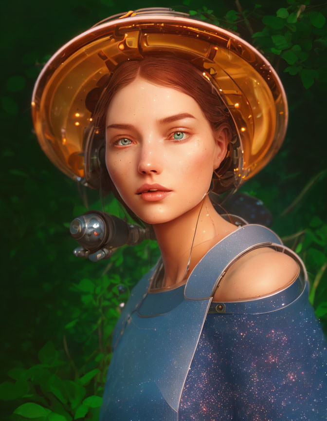 Futuristic gold helmet young woman in space-themed outfit among lush greenery