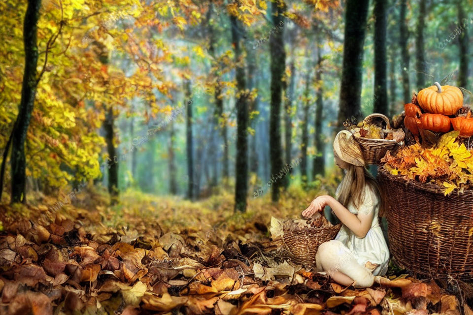 Young girl in straw hat with pumpkins and autumn leaves in vibrant forest